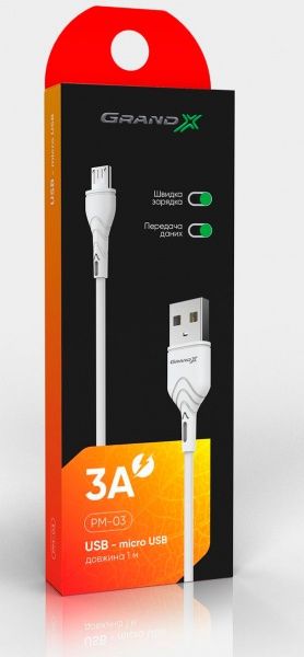 Кабель Grand-X USB-micro USB 3A Fast Сharge 1 м white (PM-03W) 