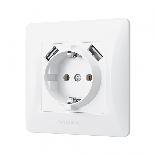 Розетка + USB с заземлением Videx Binera IP20 белый VF-BNSK1GU2-W