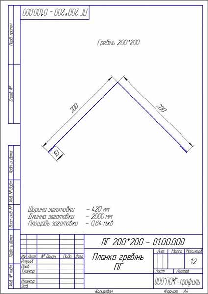 Гребінь оцинкований PSM PROFILE 200x200x2000 мм (0,45 мм.)