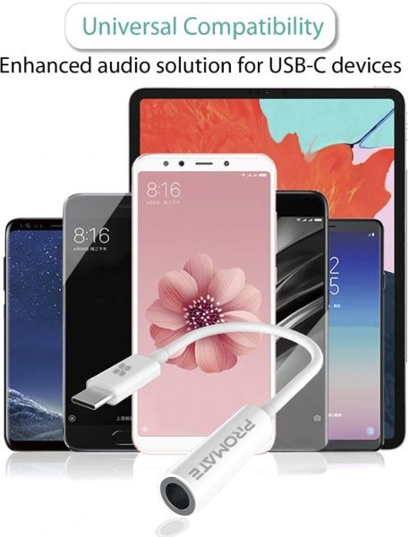 Перехідник Promate USB type C — AUX 3.5 мм 0,2 м білий (auxlink-c.white) 