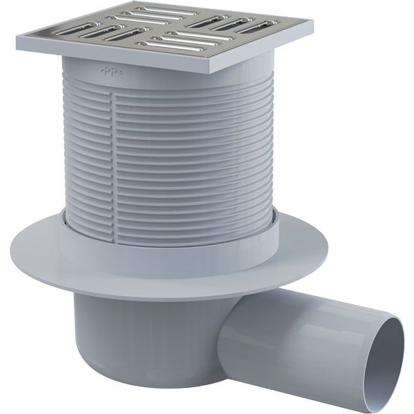 Душевой трап Alca Plast Трап 105x105/50мм с боковым подводом и решеткой из нержавеющей стали, гидрозатвор комбинированный (сухой+мокрый) SMART