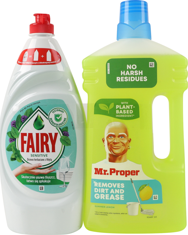Набор Fairy Средство для мытья посуды Чайное дерево и мята 900 мл + Средство для мытья пола Mr. Proper Лимон 1л