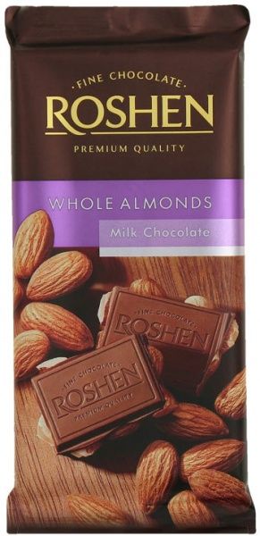 Шоколад Roshen молочный с целым миндалем 90 г