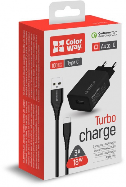 Зарядное устройство ColorWay 1USB Quick Charge 3.0 (18W) черное + cable Type C 