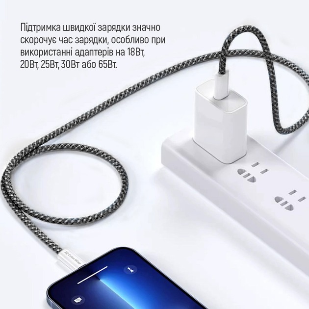 Кабель ColorWay Type-C - Type-C (braided cotton) (PD Fast Charging 60W) 3.0А 1 м чорний (CW-CBPDCC061-BK)