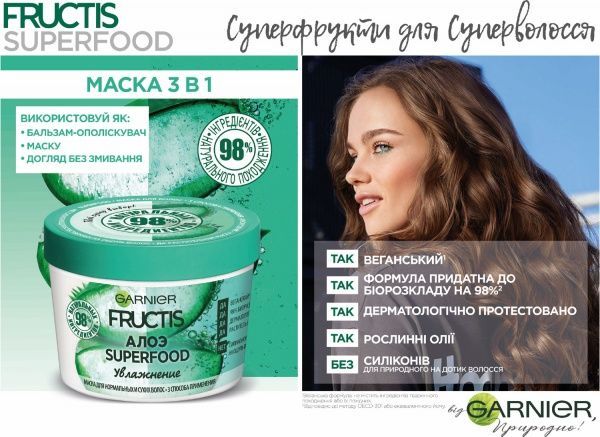 Маска Garnier Fructis Super Food Алое Зволоження для нормального та сухого волосся 390 мл