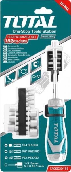 Набор ручного инструмента TOTAL® храпова отвертка биты, головки 15 шт. TACSD30156