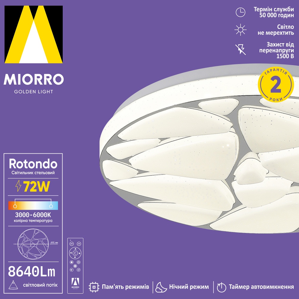 Светильник потолочный Miorro LED Rotondo с пультом 8640 Лм ∅495 мм 72 Вт белый 51-313-029