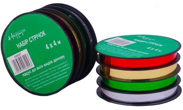 Набір стрічок декоративних Happycom International 1 см 4 м червоний / зелений / золотий 