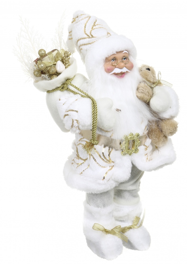 Декоративная новогодняя фигура Санта с мишкой бело-золотой 40 см