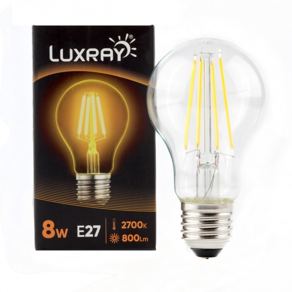 Лампа светодиодная Luxray FIL 8 Вт A60 прозрачная E27 220 В 2700 К LXF427-A60-2708 