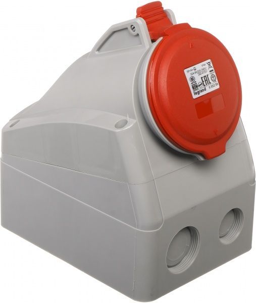 Розетка наружной установки с заземлением Legrand 32A 3К+Н+З 415В IP44 серый с красным 555259