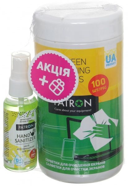 Набор для чистки Patron 2в1 салфетки для экранов и дезинфицирующее средство для рук в ассортименте 50 мл (CS-PN-F3-050) 