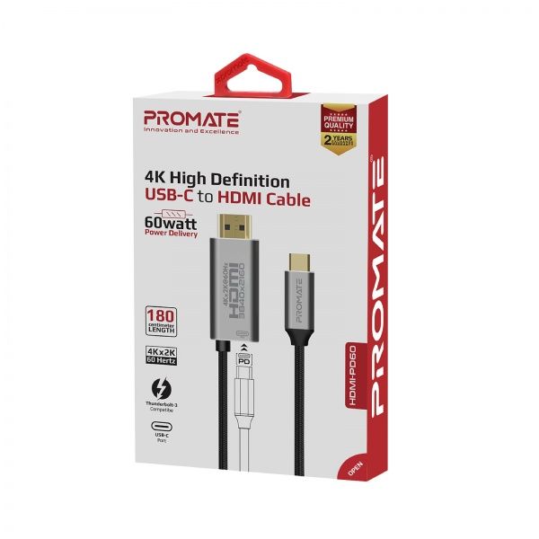 Кабель Promate USB-C/HDMI 4K 60Hz 1,8 м сірий (hdmi-pd60.grey) 
