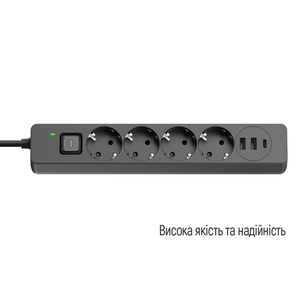 Сетевой фильтр ColorWay 3USB (2USB-A +1 TYPE-C) (24W) с заземлением 4 гн. черный 5 м CW-CHE435PDB