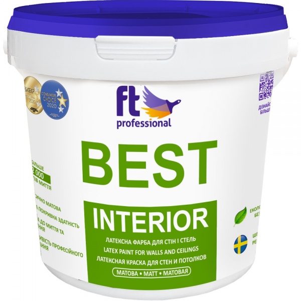 Краска интерьерная латексная FT Professional BEST INTERIOR глубокий мат белый 1л 