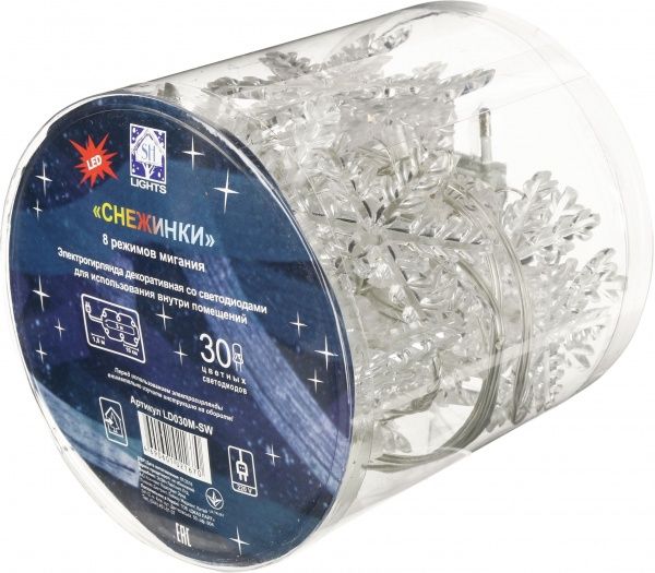 Электрогирлянда линейная Разноцветные снежинки LD030M-SW встроенный светодиод (LED) 30 ламп 3 м