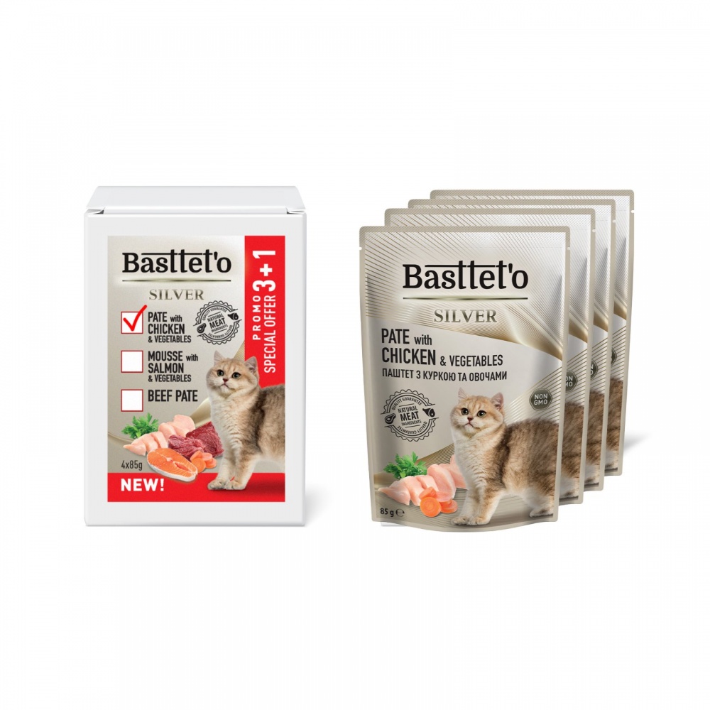 Корм влажный Basttet`o мусс для кошек с курицей пауч 85 г 4+1