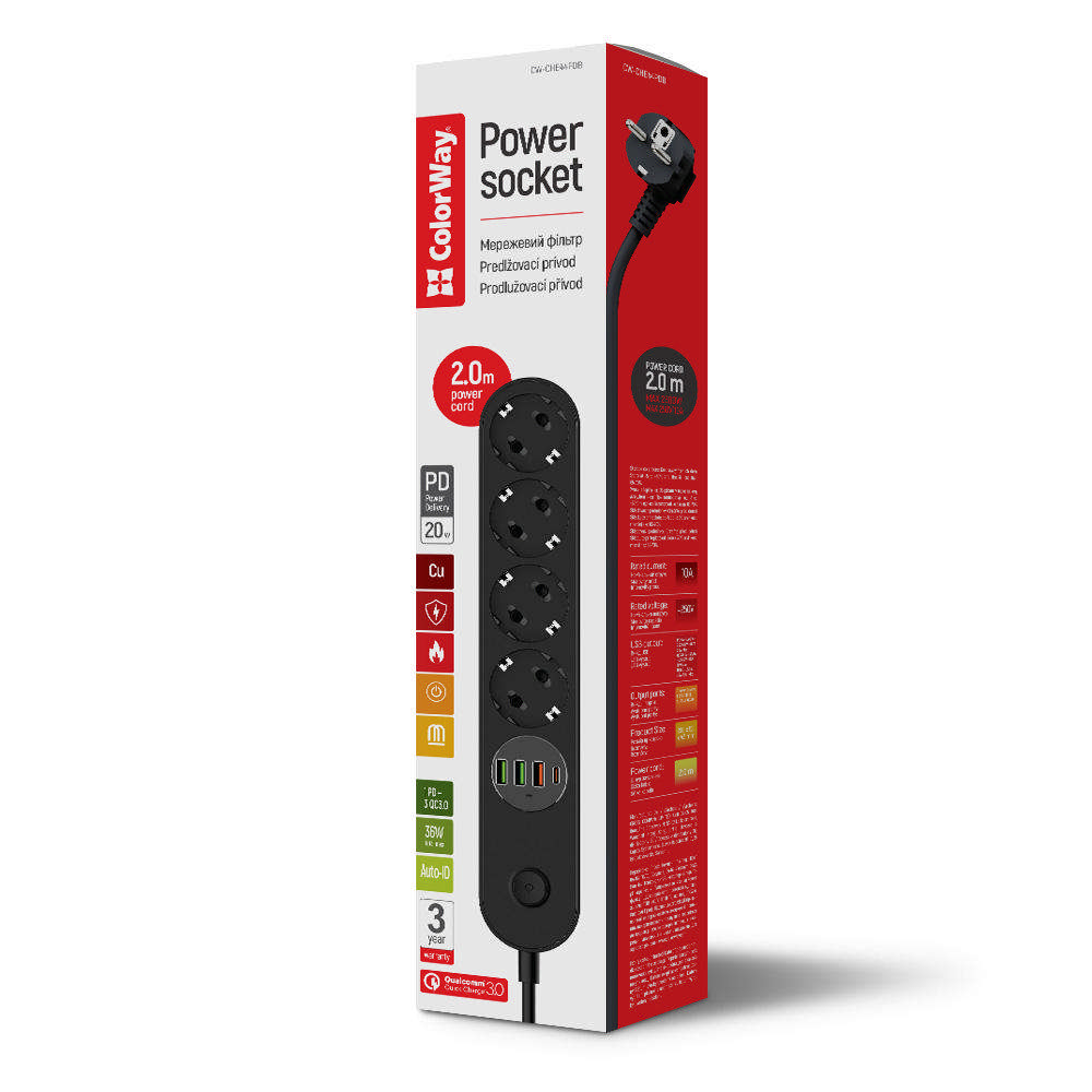 Сетевой фильтр ColorWay 4USB (Type-C PD20W + 3USB QC3.0) (45W) с заземлением 4 гн. черный 2 м CW-CHE44PDB