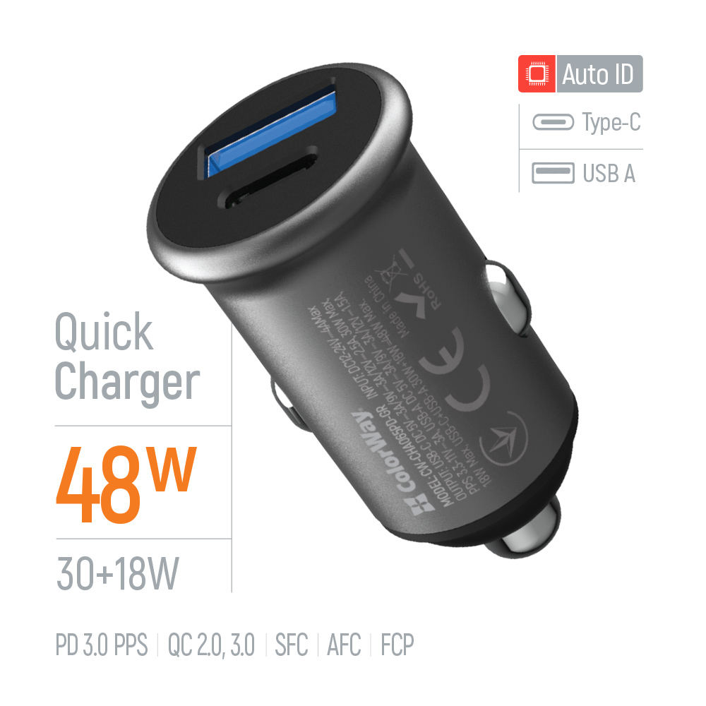 Автомобильное зарядное устройство ColorWay CW-CHA065PD-GR серый