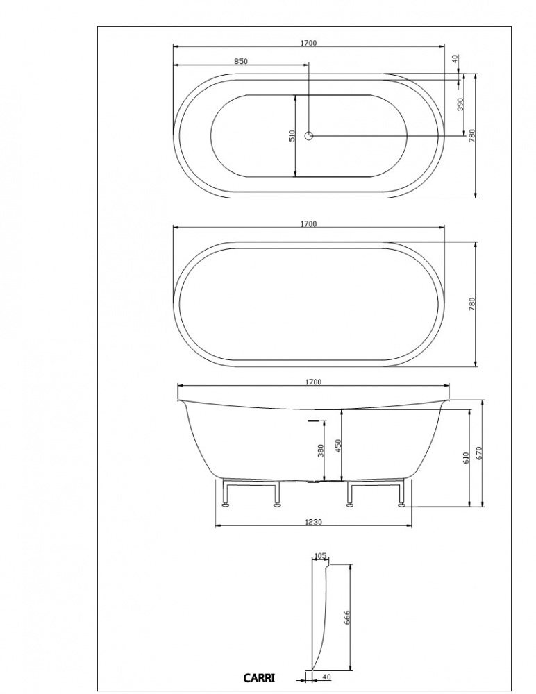 Ванна акриловая Diamond CAPRI 1700х780 см