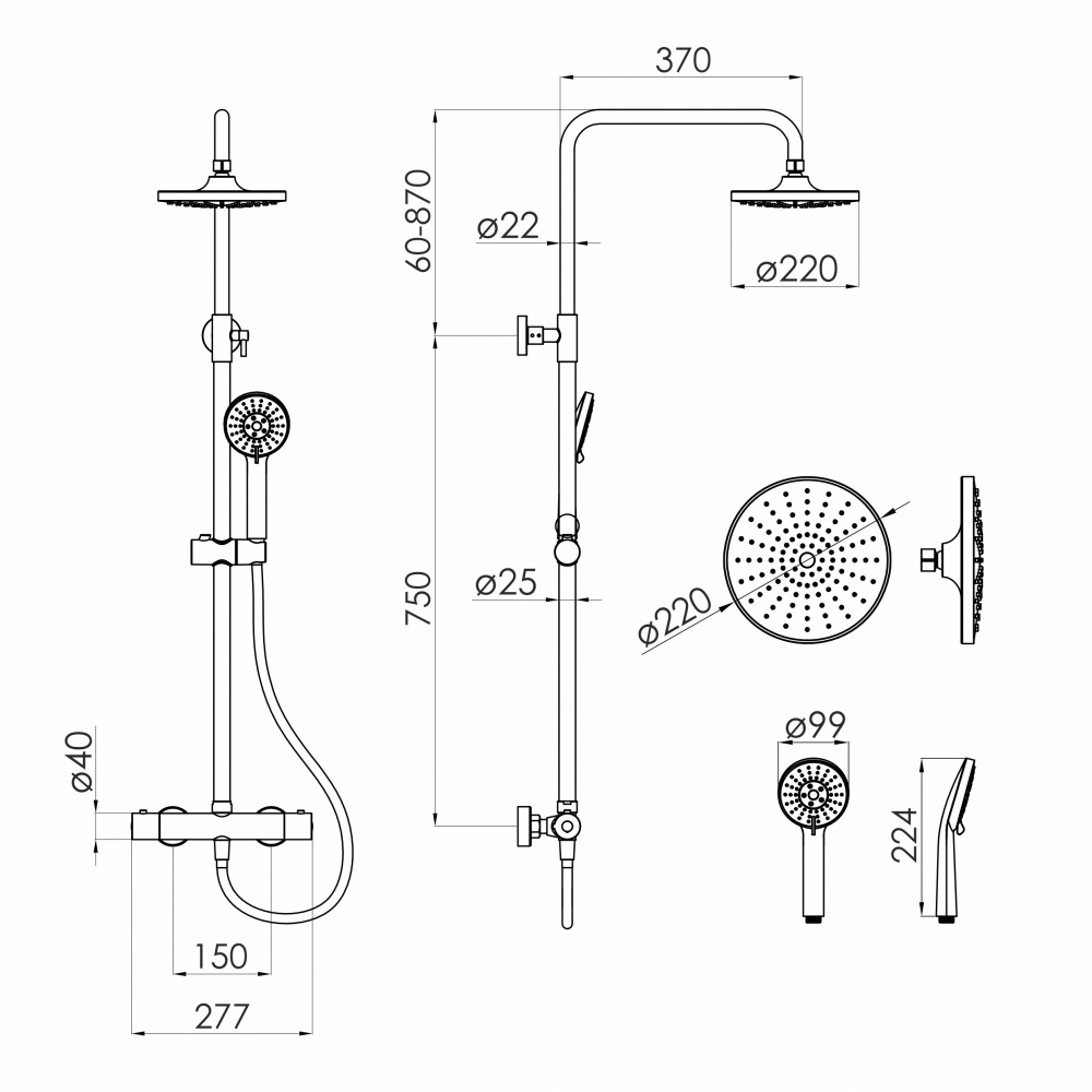 Душова система Imprese TEPLICE Thermo чорний матовий (термостат для душу, душ d220 мм, лійка 99 мм 3 режими)