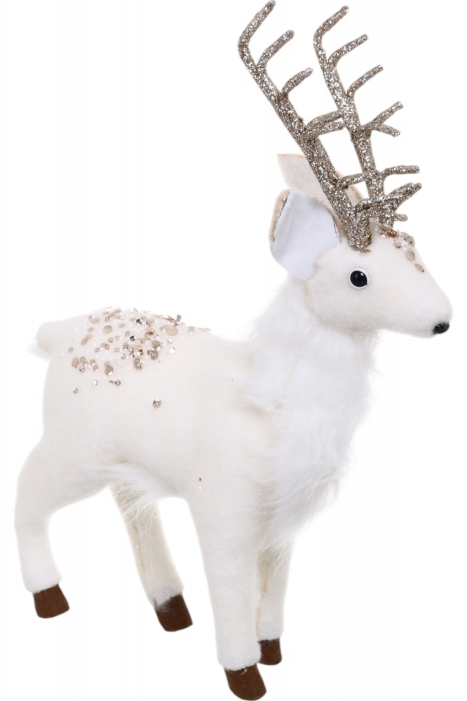 Декорація новорічна олень стоячий пухнастий білий 33х14х45 см