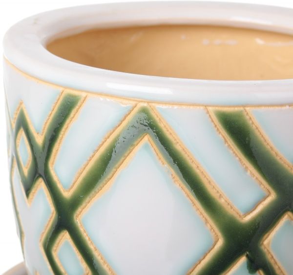 Горщик Viet Thanh Ceramic з блюдцем ромб 16х14 см VT.10796-3 круглий білий із зеленим 