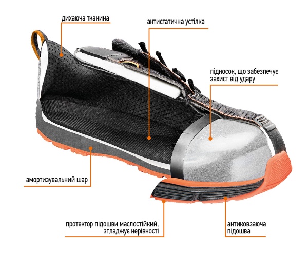 Напівчеревики робочі NEO tools S1 SRC з металевим підноском р.46 82-155 чорний із помаранчевим