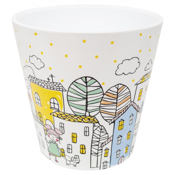 Горшок Алеана Деко со вставкой с декором Сити 13,0х12,5 см круглый 1,1 л белый (114040) 