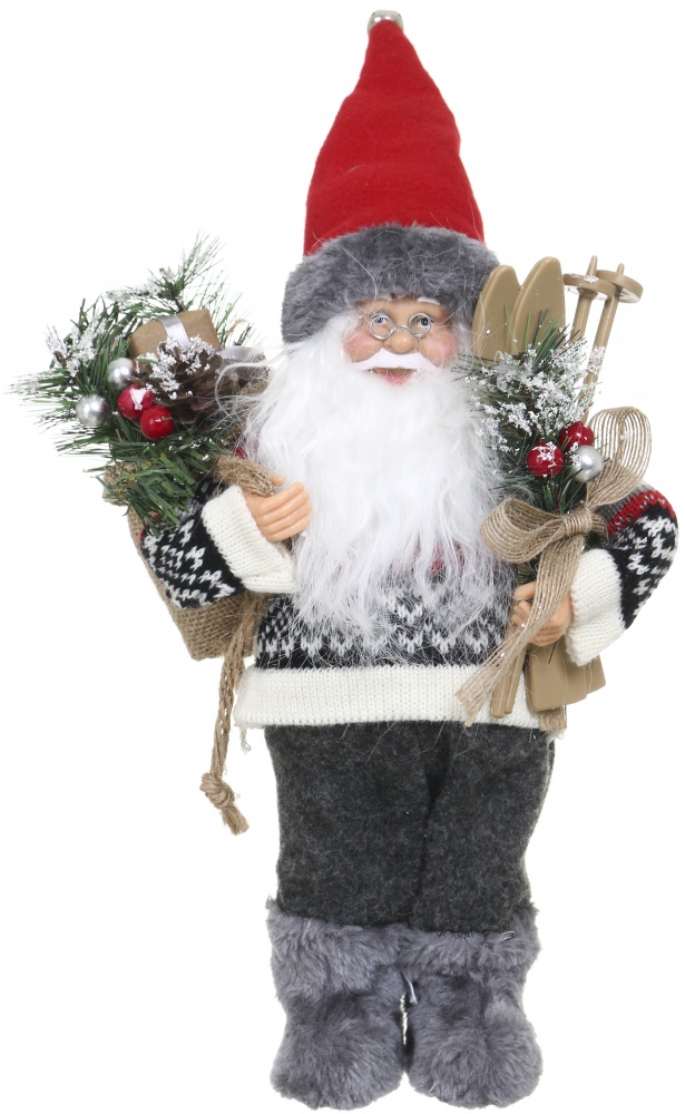 Декоративная новогодняя фигура Санта лесной в свитере серо-красный 30 см
