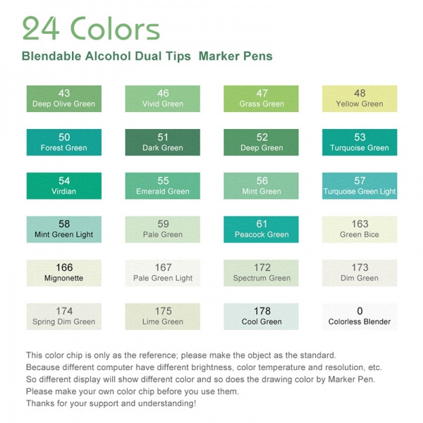Набор маркеров Arrtx спиртовых Alp ASM-02GN 24 цвета зеленые оттенки LC302246 