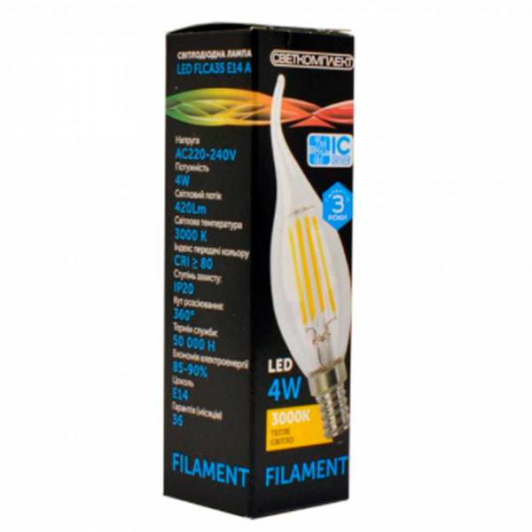 Лампа филаментная LED Светкомплект FLCA35 Е14 4 Вт 3000K