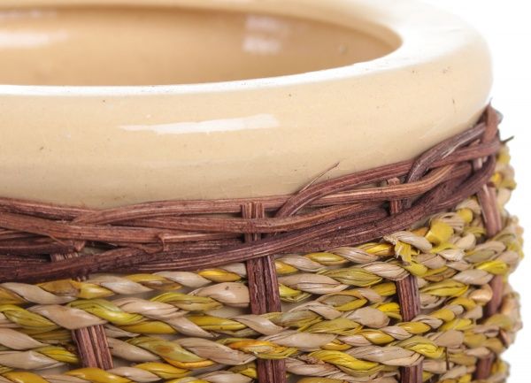 Горщик Viet Thanh Ceramic з блюдцем плетений 16х13 см VT.10875-3 круглий бежевий із коричневим 