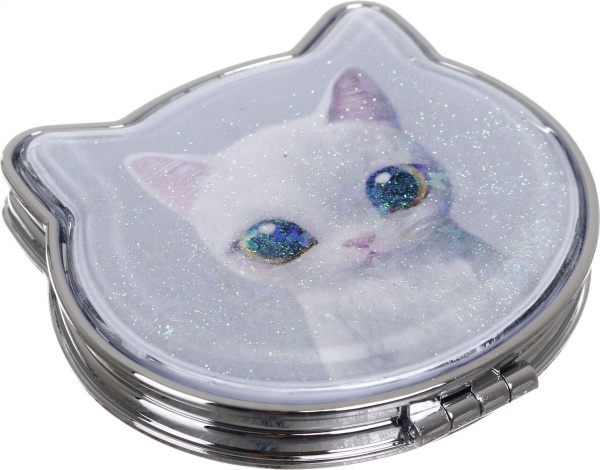 Зеркало карманное косметическое Лідер Канц Котик с сыпучими блестками фигурное 12 вариантов в ассортименте 