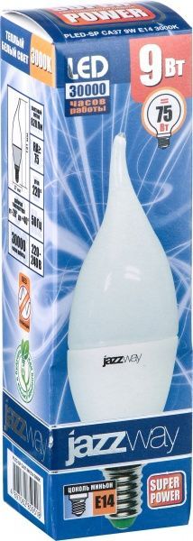 Лампа светодиодная Jazzway PLED-SP 9 Вт CA37 матовая E14 220 В 3000 К 2859518 