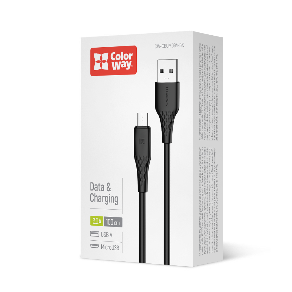 Дата-кабель ColorWay USB - MicroUSB (textured PVC) 3А 1 м black (CW-CBUM094-BK) — фото 1