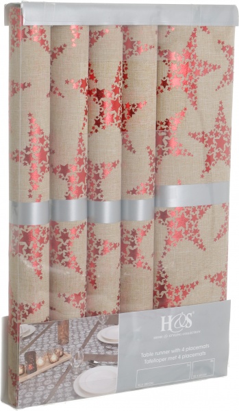 Набір KM скатертина 35х180 см серветка 35х45 см - 4шт Stars red поліестер червоний 