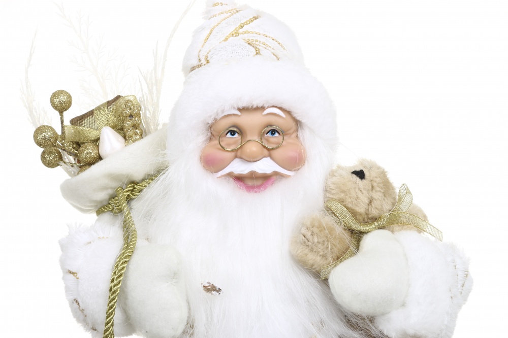 Декоративная новогодняя фигура Санта с мишкой бело-золотой 40 см