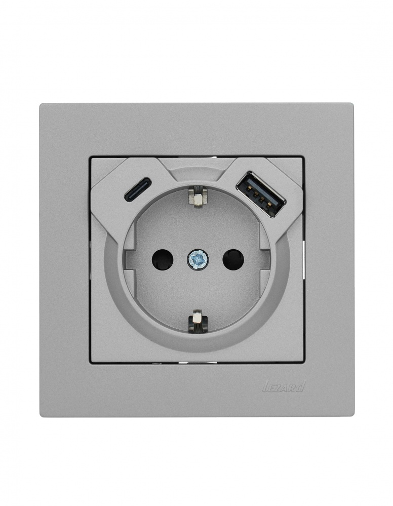 Розетка побутова + USB із заземленням Lezard Vesna сірий 742-3588-181TC