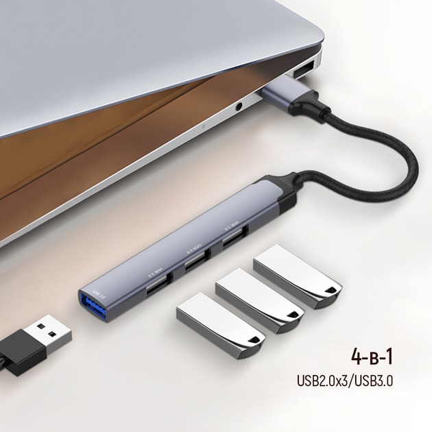 USB-хаб ColorWay USB-A 4-в-1 USB2.0х3/USB3.0 0,12 м сірий (CW-HUB05)