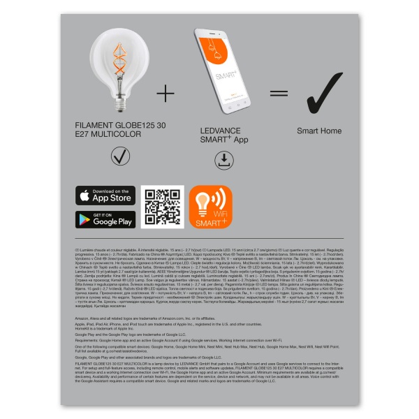 Умная лампа Ledvance Vintage смена цветов G125 4,5 Вт E27 2700 К 220 В прозрачная Smart G125 RGB FIL 