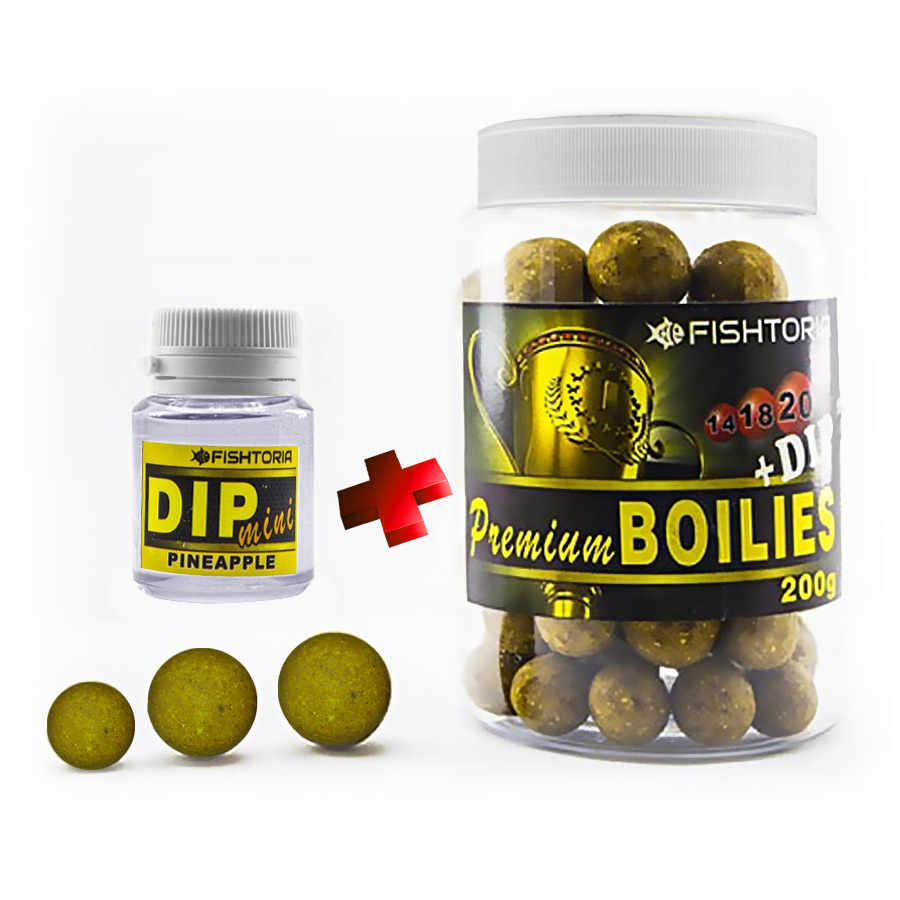 Бойли Fishtoria насадочні Premium Boilies 14.18.20мм + DIP 20мл ананас 200 г — фото 1