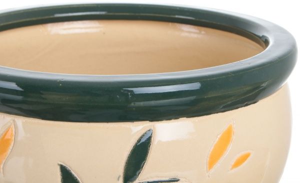 Горшок Viet Thanh Ceramic с блюдцем веточка 23х16 см VT.10051-2 круглый бежевый с зеленым 