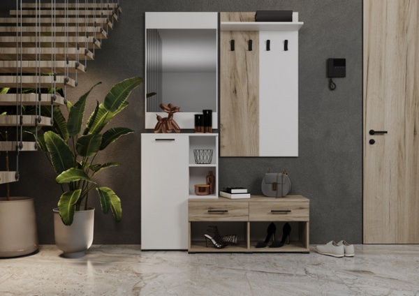 Прихожая с зеркалом Visent Твинс 1400х400х2100 мм дуб крафт серый/белый 