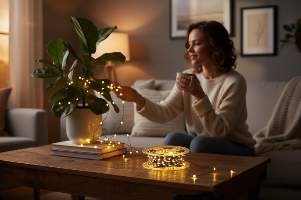 Електрогірлянда лінійна роса на котушці тепла біла світлодіодна (LED) 1000 ламп 100 м (QC6008)