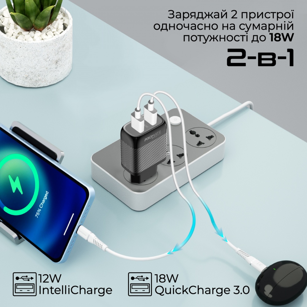Сетевое зарядное устройство Promate BiPlug-QC3 18W 2хUSB-A