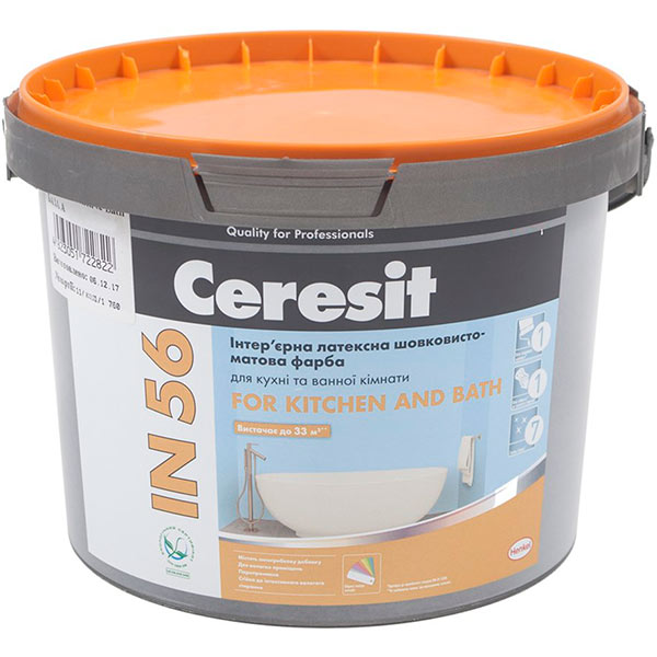Краска интерьерная латексная акриловая Ceresit IN 56 For Kitchen and Bath База С шелковистый мат прозрачная база под тонировку 10л 