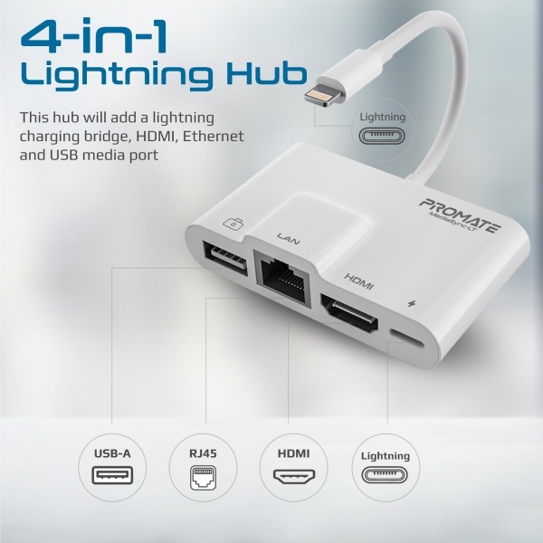 Адаптер Promate MediaSync-LT Lightning to USB 3.0 OTG/RJ45/HDMI/10Вт Lightning-in білий (mediasync-lt.white) 