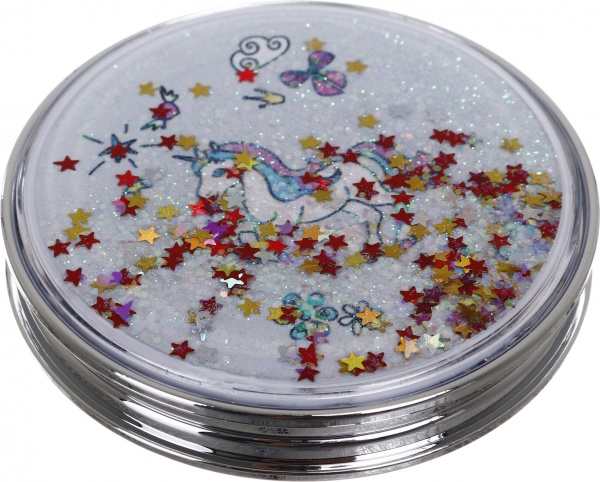 Зеркало карманное косметическое Лідер Канц Единорог с сыпучими блестками круглое 12 вариантов в ассортименте 